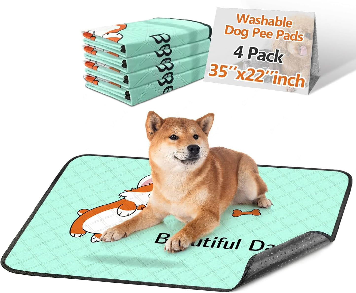 4-Pack Washable Dog Pee Pads (35x22in) – Extra-Absorbent, Thick, Reusable with Non-Slip Base & Leak-Resistant – Ideal for Puppy Playpen, Crate, Whelping Box & Potty Training – Blue