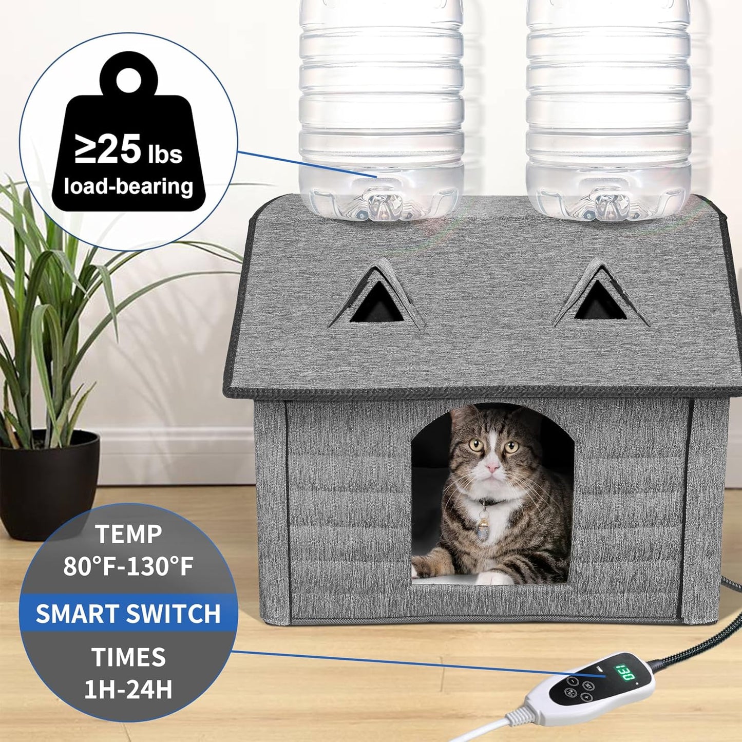 Heated Cat House with Pet Heating Pads – Intelligent Thermostat, Indoor/Outdoor Kitty Shelter, Foldable Heated Bed for Puppies, Waterproof & Sturdy with Cute Windows