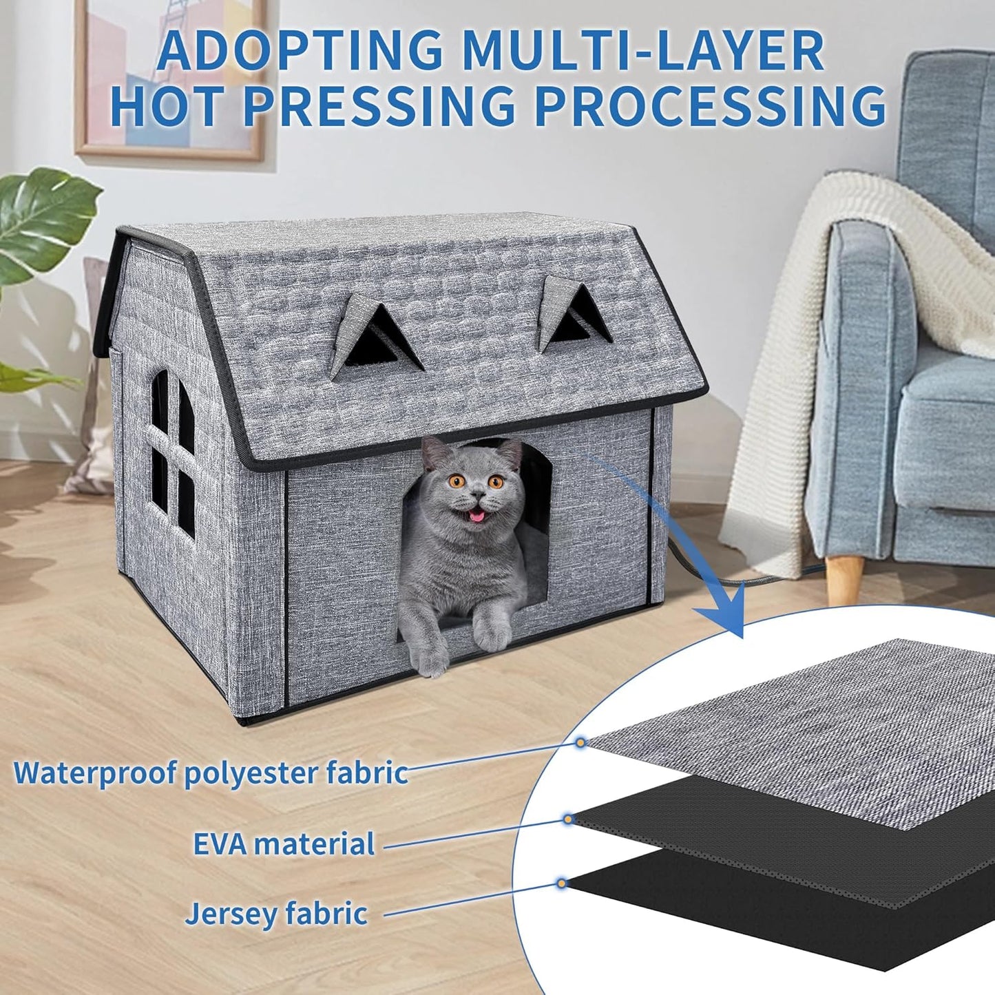 Heated Cat House with Pet Heating Pads – Intelligent Thermostat, Indoor/Outdoor Kitty Shelter, Foldable Heated Bed for Puppies, Waterproof & Sturdy with Cute Windows