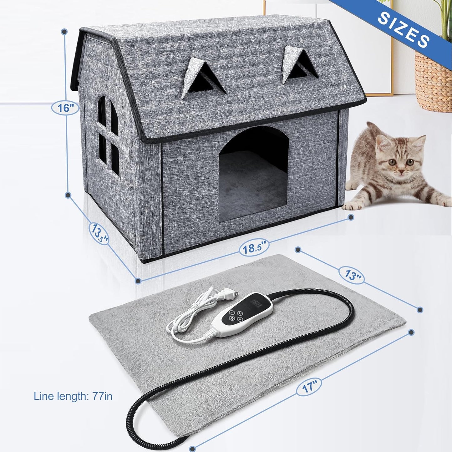 Heated Cat House with Pet Heating Pads – Intelligent Thermostat, Indoor/Outdoor Kitty Shelter, Foldable Heated Bed for Puppies, Waterproof & Sturdy with Cute Windows