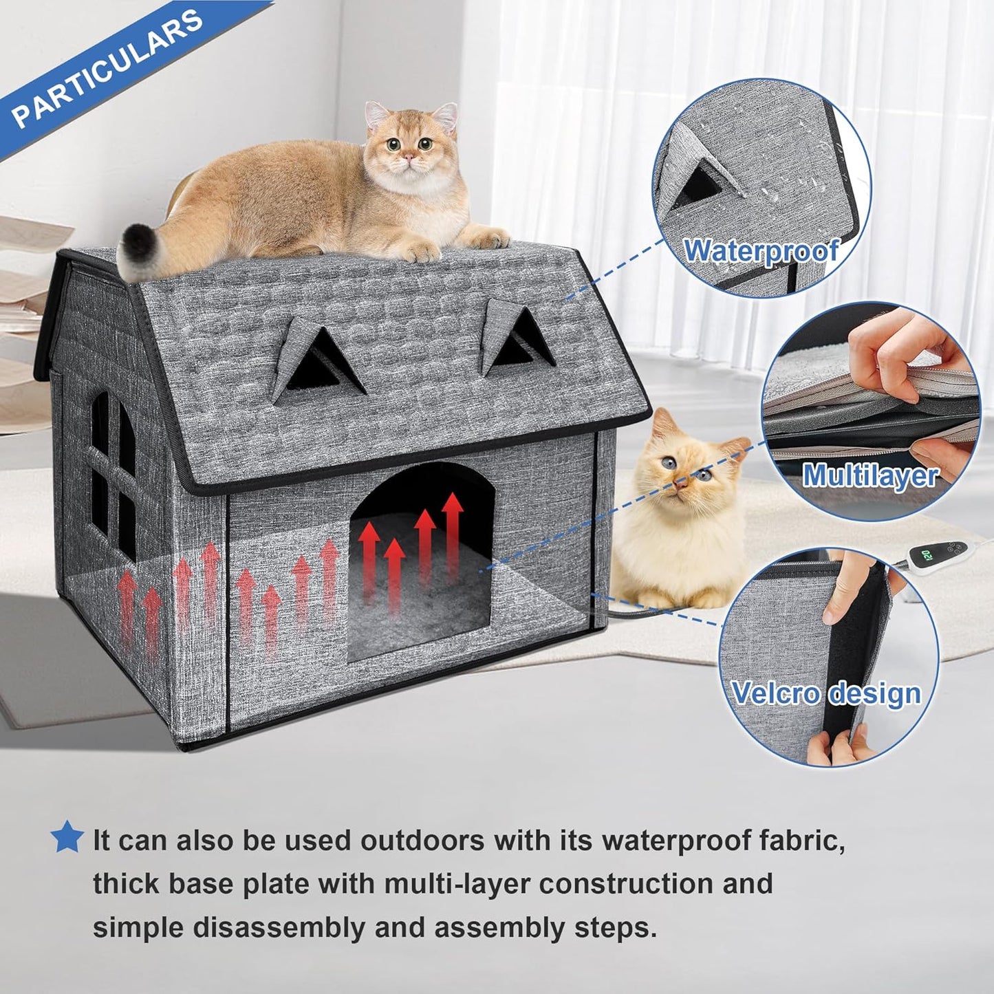 Heated Cat House with Pet Heating Pads – Intelligent Thermostat, Indoor/Outdoor Kitty Shelter, Foldable Heated Bed for Puppies, Waterproof & Sturdy with Cute Windows